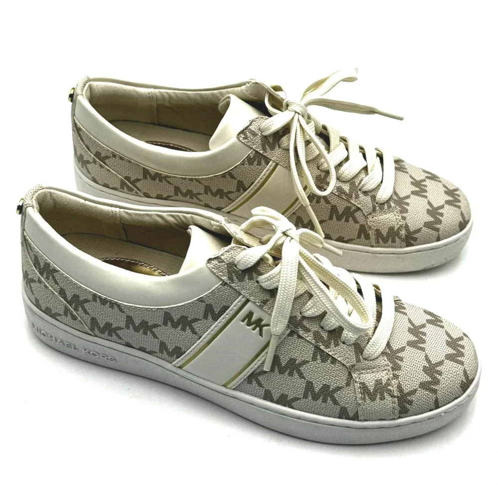 MICHAEL KORS Womens 6.5M Fashion Sneakers Shoes Taupe White Gold Lace Up Low Top